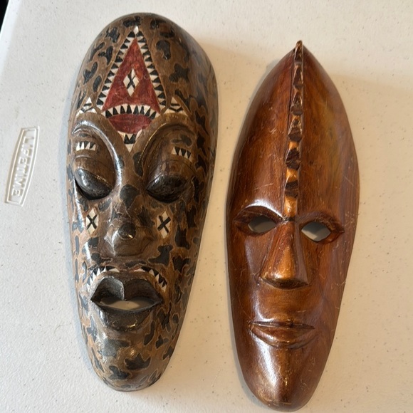 Handcrafted Tribal Masks in Brown and Tan 2 pieces - Picture 1 of 12